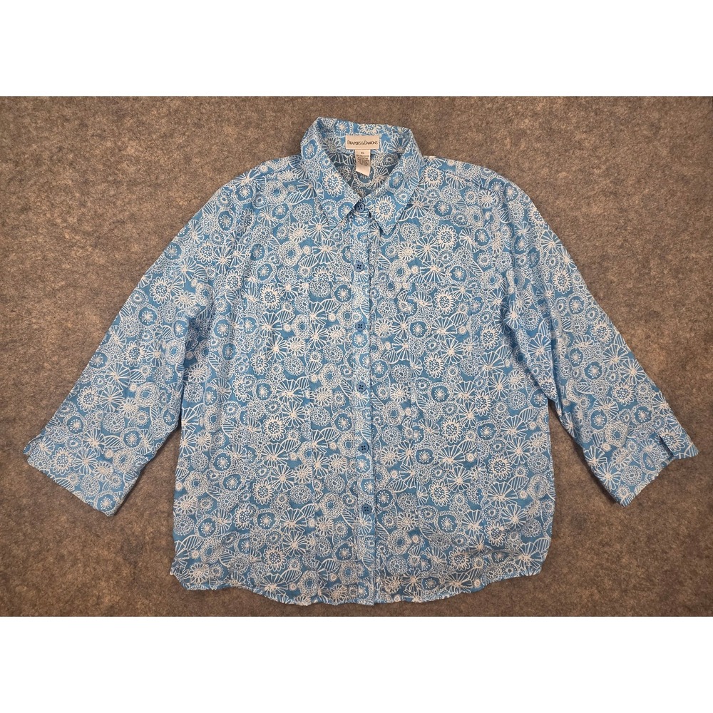 Drapers & Damons Blue White Floral Medallion Button Front Blouse XL 3/4 Sleeve